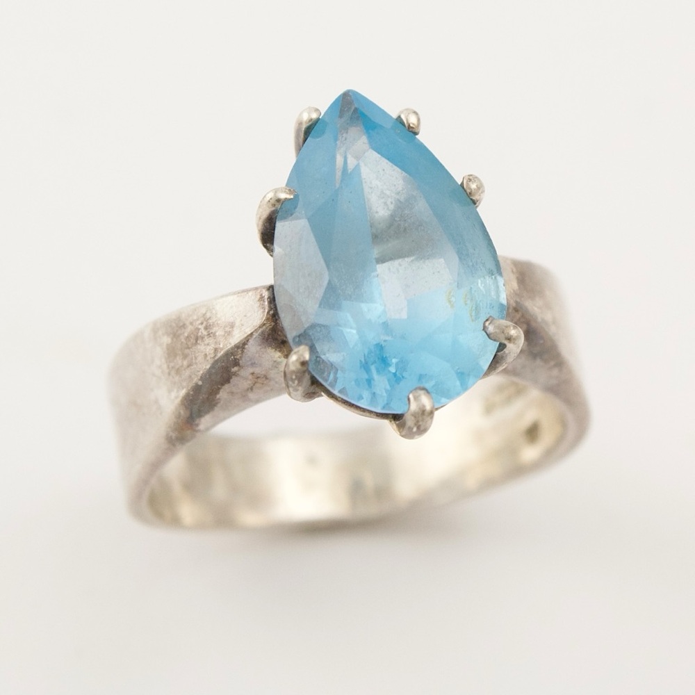Vintage Blue Topaz Sterling Silver Ring Size 8 Large Faceted Pear Cut Teardrop